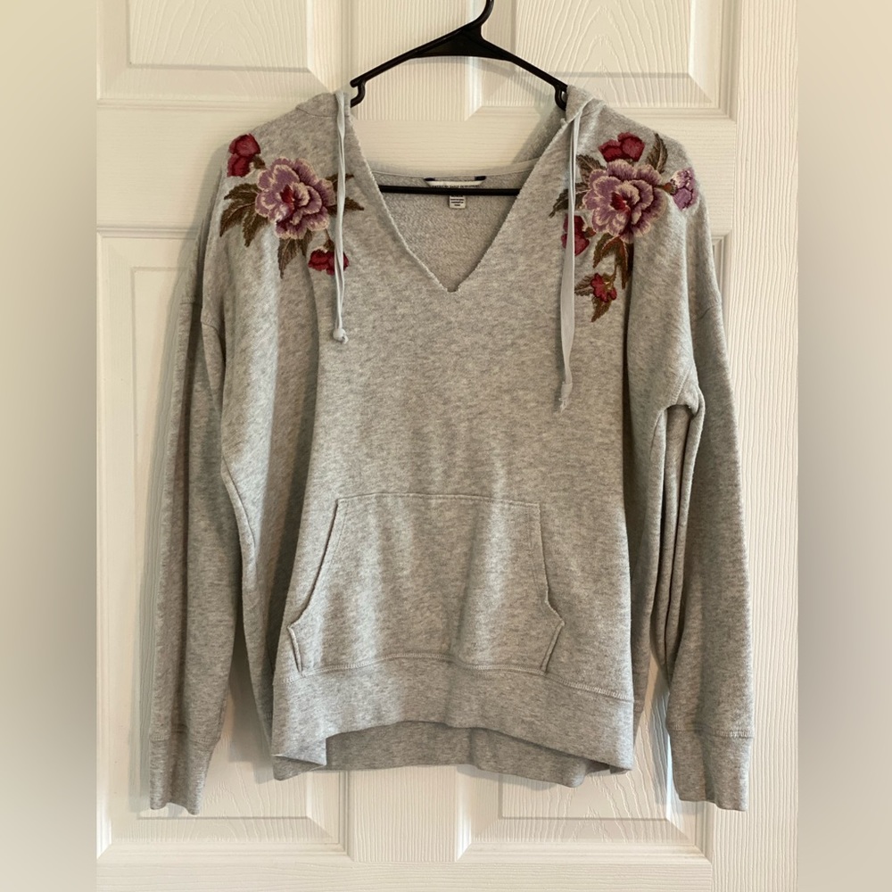 American Eagle V Neck Hoodie with Embroidered Flowers
